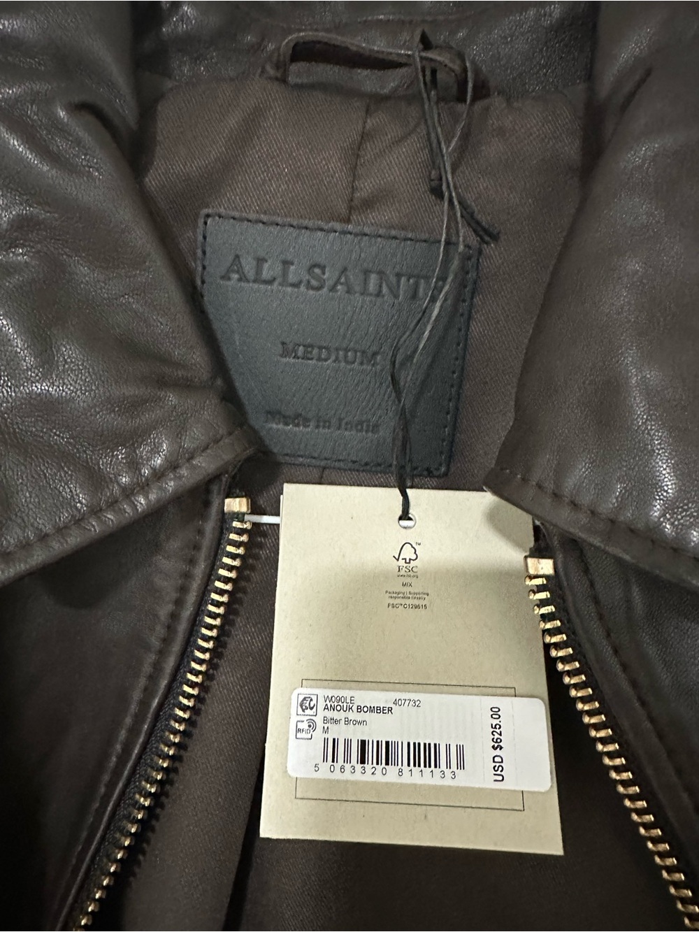 ALLSAINTS Anouk Leather Crop Bomber Jacket Bitter Brown Size M - Picture 9 of 12